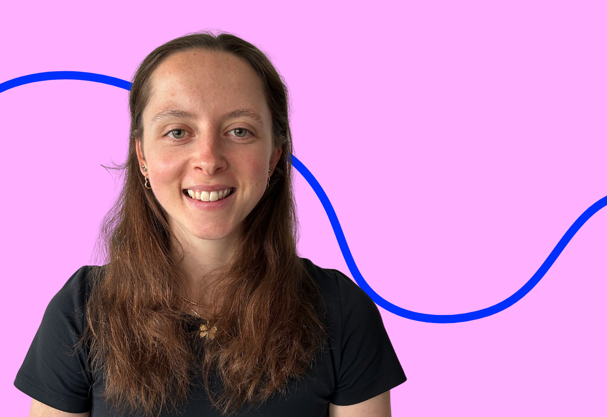 Rose Johnston silhouette on a pink background with blue curvy stripe