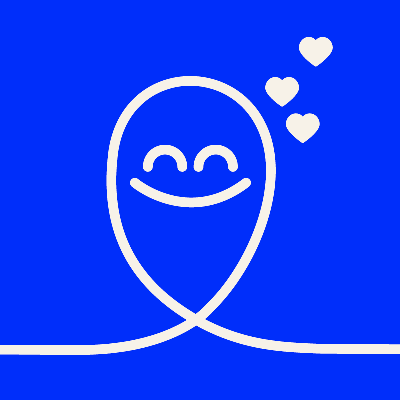 Blue Lozenge friendly smiling face icon with hearts on Blue background